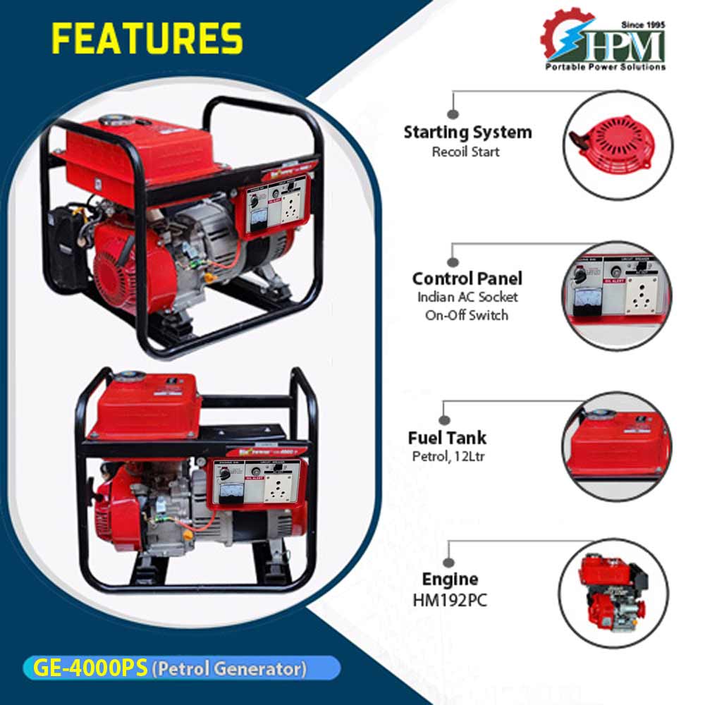 4 KVA   ultra  Light Weight & Powerful Portable Generator, Petrol Run, Recoil & Self Start  Model GE-4000PS